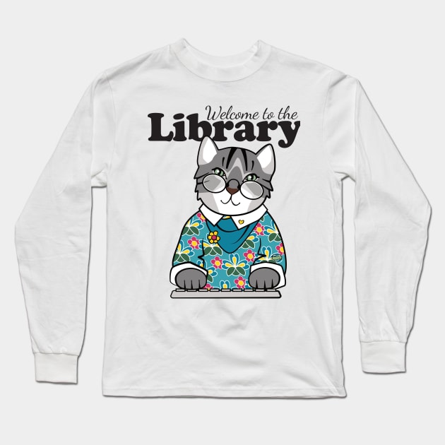 Welcome to the Library Cat Long Sleeve T-Shirt by Sue Cervenka